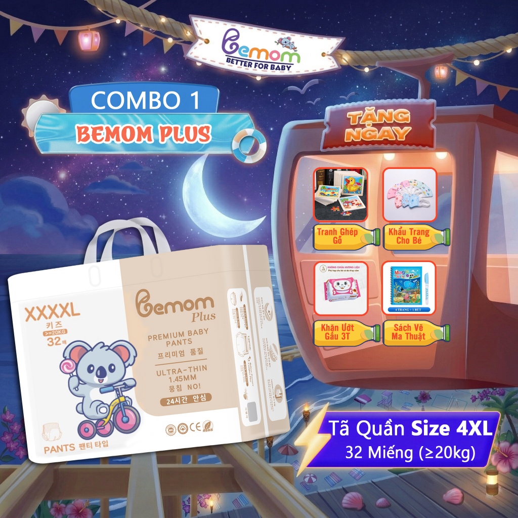 Tã/Bỉm QUẦN Bemom Plus, Bỉm đêm Hàn Quốc Đủ Size Cho Bé Size 4XL 32 Miếng từ ≥20kg