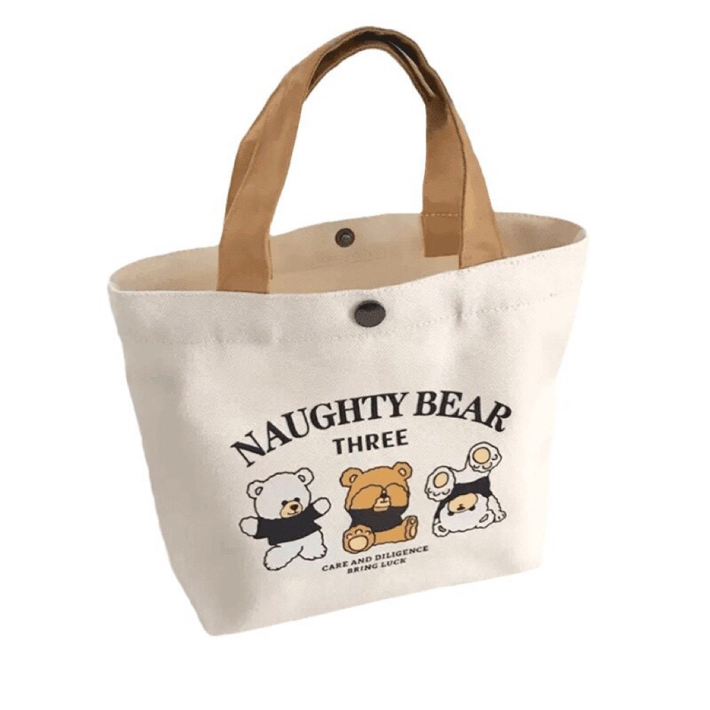 Túi Tote Canvas In Hình Naughty Bear Three Có Khóa Kéo – Túi Vải Dày Form Đứng