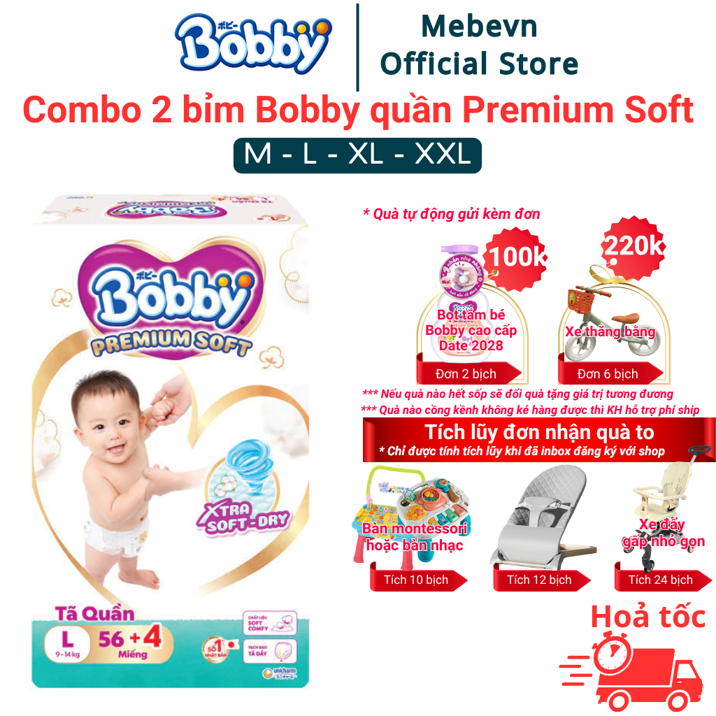 Combo 2 bỉm bobby quần Premium Soft cao cấp, bỉm bobby chính hãng siêu thấm hút và mềm mại