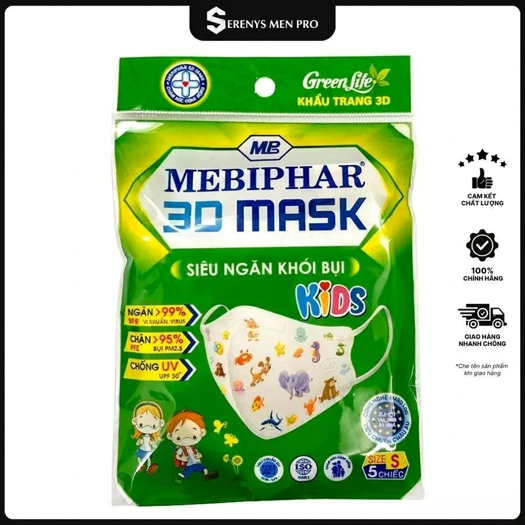 Khẩu trang trẻ em Mebiphar 3D – Kháng khuẩn, lọc bụi, mềm thoáng cho bé Serenys