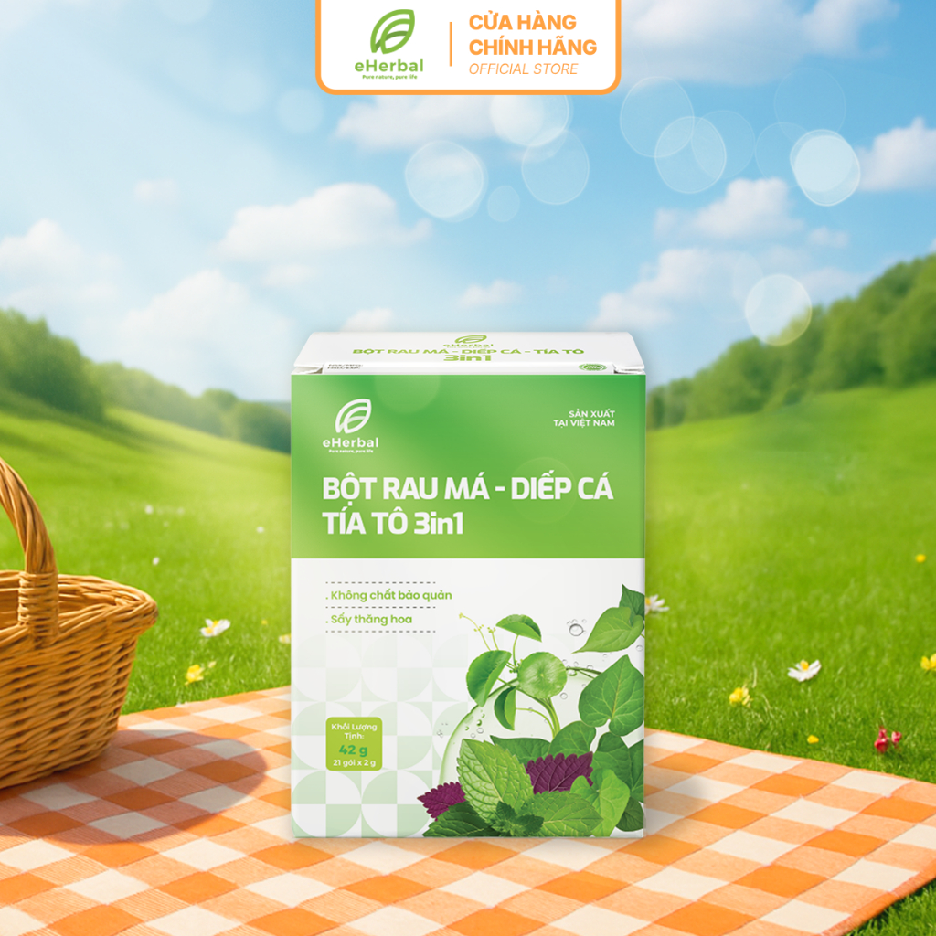 Combo 4 Hộp Tặng 1 Bột Rau 3in1 Rau má Diếp cá Tía tô EHERBAL chính hãng 84 gói