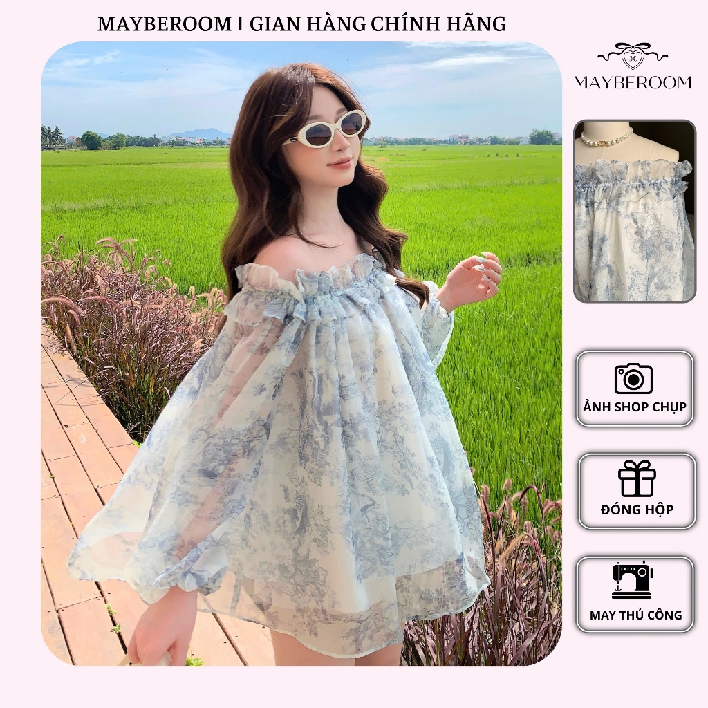 Áo voan trễ vai mùa hè MAYBEROOM dáng suông babydoll dễ diện có lót lụa màu xanh xám Mist Top | BigBuy360 - bigbuy360.vn