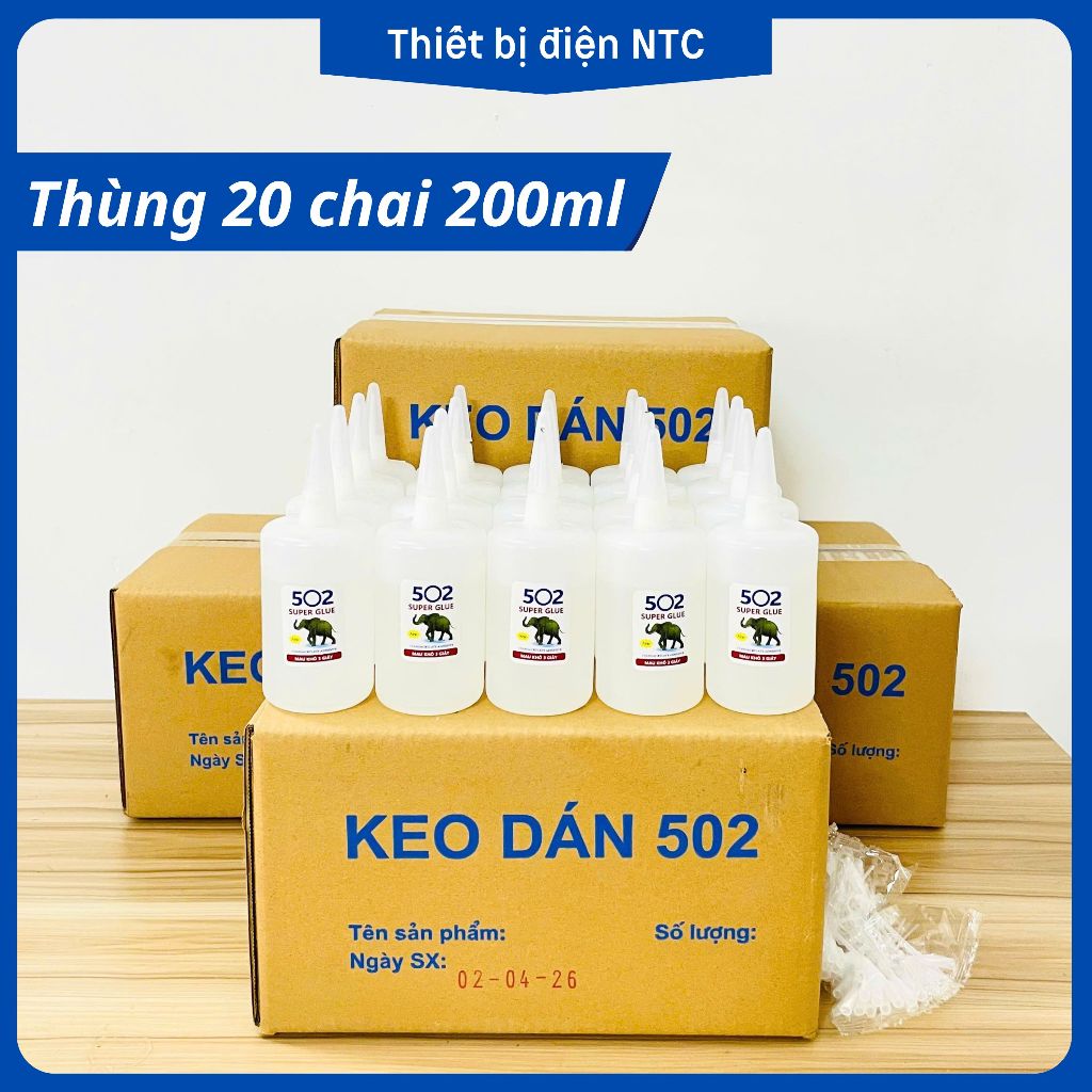 Thùng 20 chai keo 502 loại 200ml con voi loại tốt keo dán sắt dính chắc