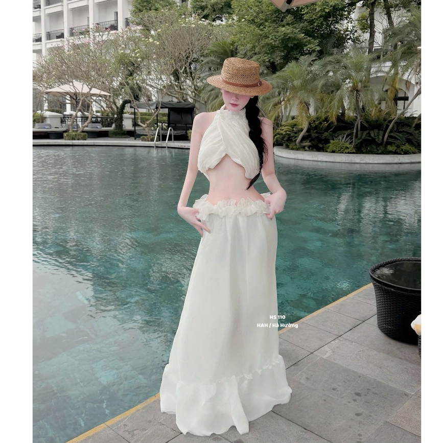 Set đồ nữ sang chảnh tiểu thư áo kiểu cổ yếm croptop phối chân váy dáng xòe dài thiết kế tiểu thư sa