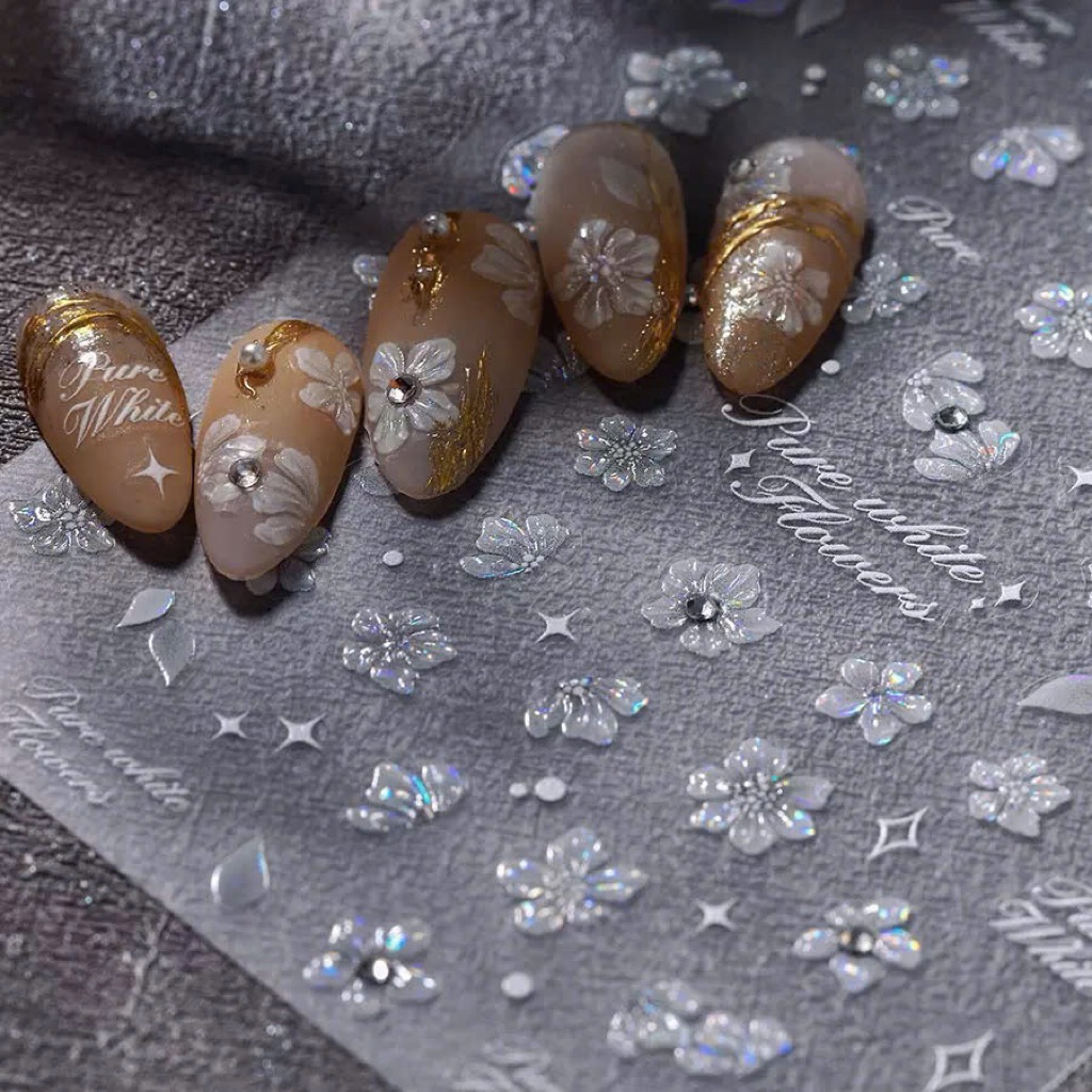 [Ciina.store] Sticker Dán Móng 5D Hoa Trắng Pure White - Miếng Dán Nail Nổi Ngọc Trai