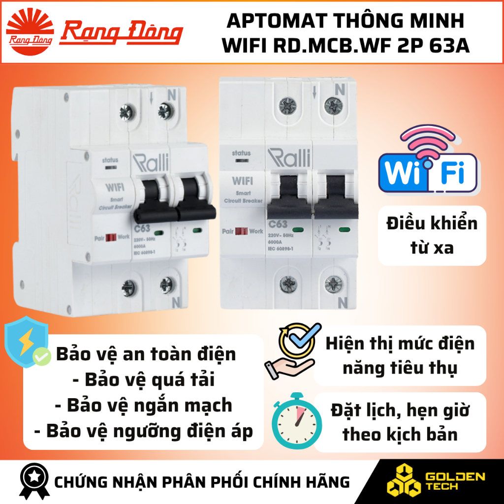 (Rạng Đông) [WIFI] Aptomat 63A 2P thông minh điều khiển từ xa qua điện thoại RD.MCB.WF 2P 63A