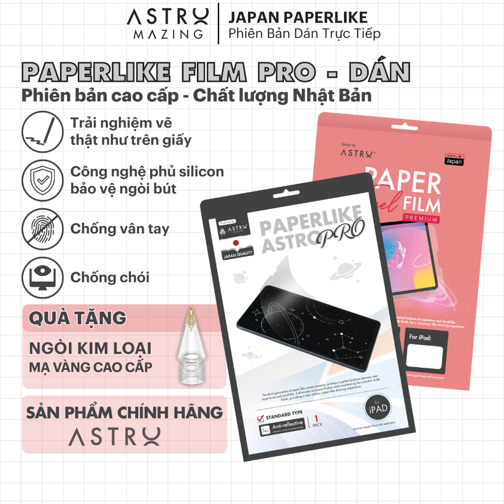 [Paperlike Astro] Miếng dán màn hình Paperlike Nhật Bản Hồng cho iPad Pro 11 Air 4 5 Gen 7 8 9