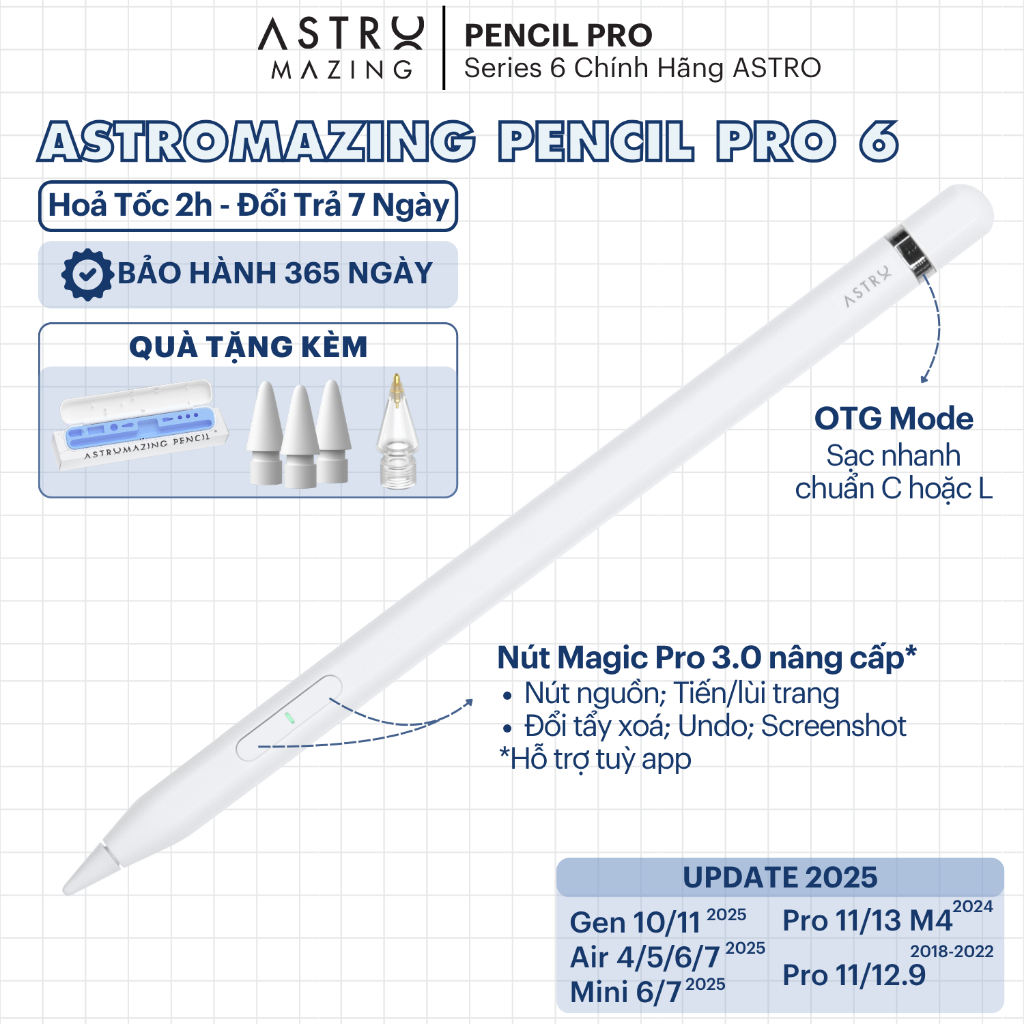 [Pencil Pro 6 2025] Bút Stylus AstroMazing Pencil Pro 6 chống chạm nhầm vẽ nét thanh đậm cho iPad