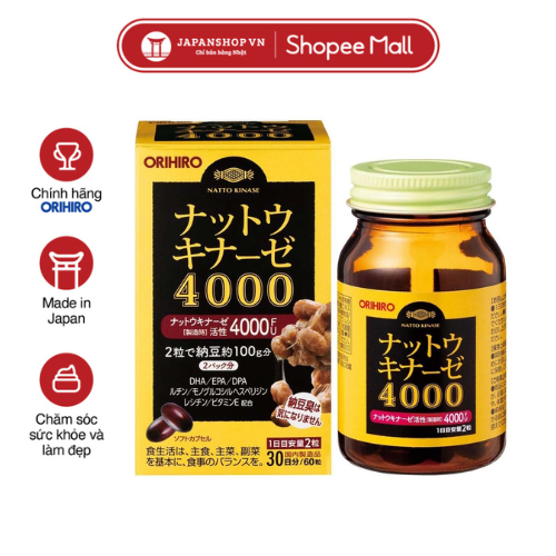 Viên uống Nattokinase ORIHIRO 4000FU 60 viên hỗ trợ tuần hoàn và sức khỏe tim mạch chính hãng Nhật B
