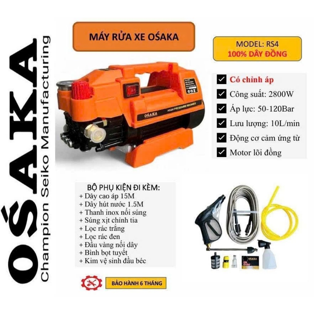 Máy rửa xe áp lực cao osaka RS4 2800W Japan Lõi Đồng Chỉnh Áp 2026 new 100%