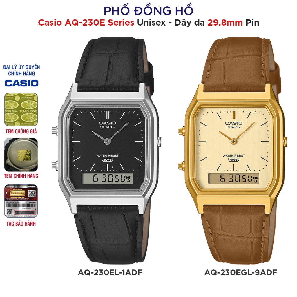 Đồng hồ Unisex vintage Dây da Casio Anh Khuê AQ-230E Series Chính hãng