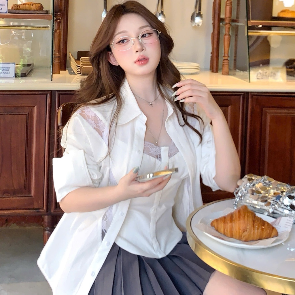 Áo sơ mi suông rộng mix ren Mayberoom Cloudy Top Set 2 món sơ mi và áo 2 dây | BigBuy360 - bigbuy360.vn
