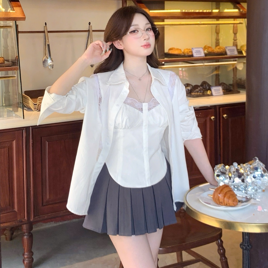 Áo sơ mi suông rộng mix ren Mayberoom Cloudy Top Set 2 món sơ mi và áo 2 dây | BigBuy360 - bigbuy360.vn