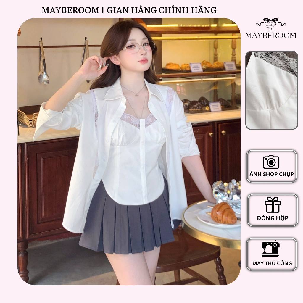 Áo sơ mi suông rộng mix ren Mayberoom Cloudy Top Set 2 món sơ mi và áo 2 dây | BigBuy360 - bigbuy360.vn