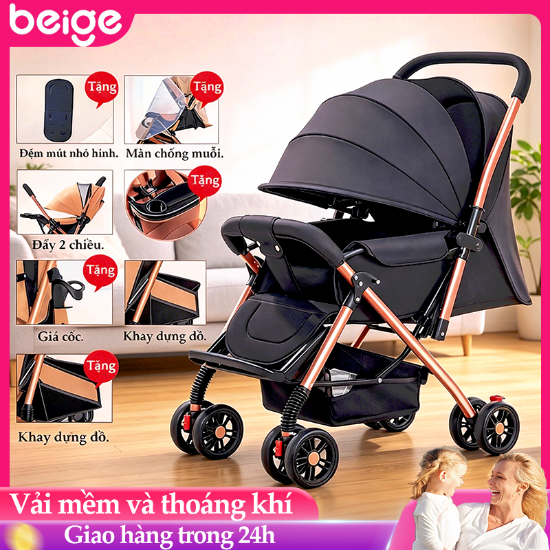 Xe đẩy cho bé Funnio HT105 khung đen, đẩy 2 chiều, 3 tư thế ngồi ngả nằm, phù hợp với bé sơ sinh