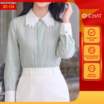 Áo Sơ Mi Nữ 𝐂𝐂𝐇𝐀𝐓 Dáng Suông Vivienne Cổ Voan Cách Điệu Chất Liệu Đũi Mềm Mát 16FDD8021ST