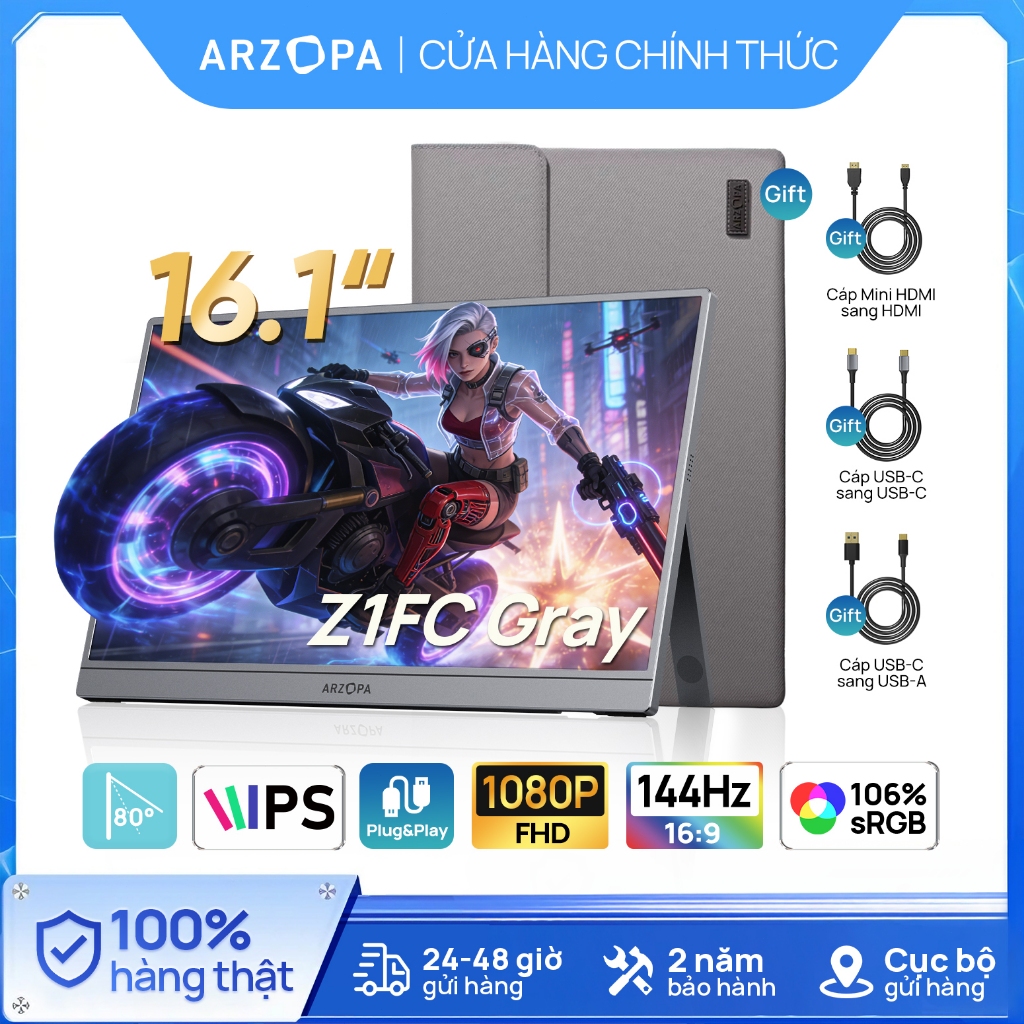 Màn Hình Chơi Game Di Động ARZOPA 16.1” FHD 144Hz HDR 100% sRGB – Màu Xám + Túi Đựng, Cho Laptop / PS5 / Xbox / Switch / | BigBuy360 - bigbuy360.vn