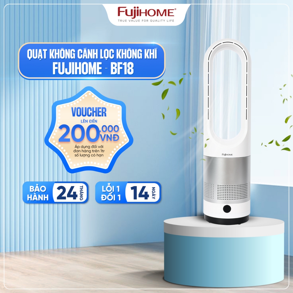 Quạt không cánh mini kèm lọc không khí Anion khử khuẩn UV Fujihome BF18 Nhập Khẩu, kết nối WIFI điều