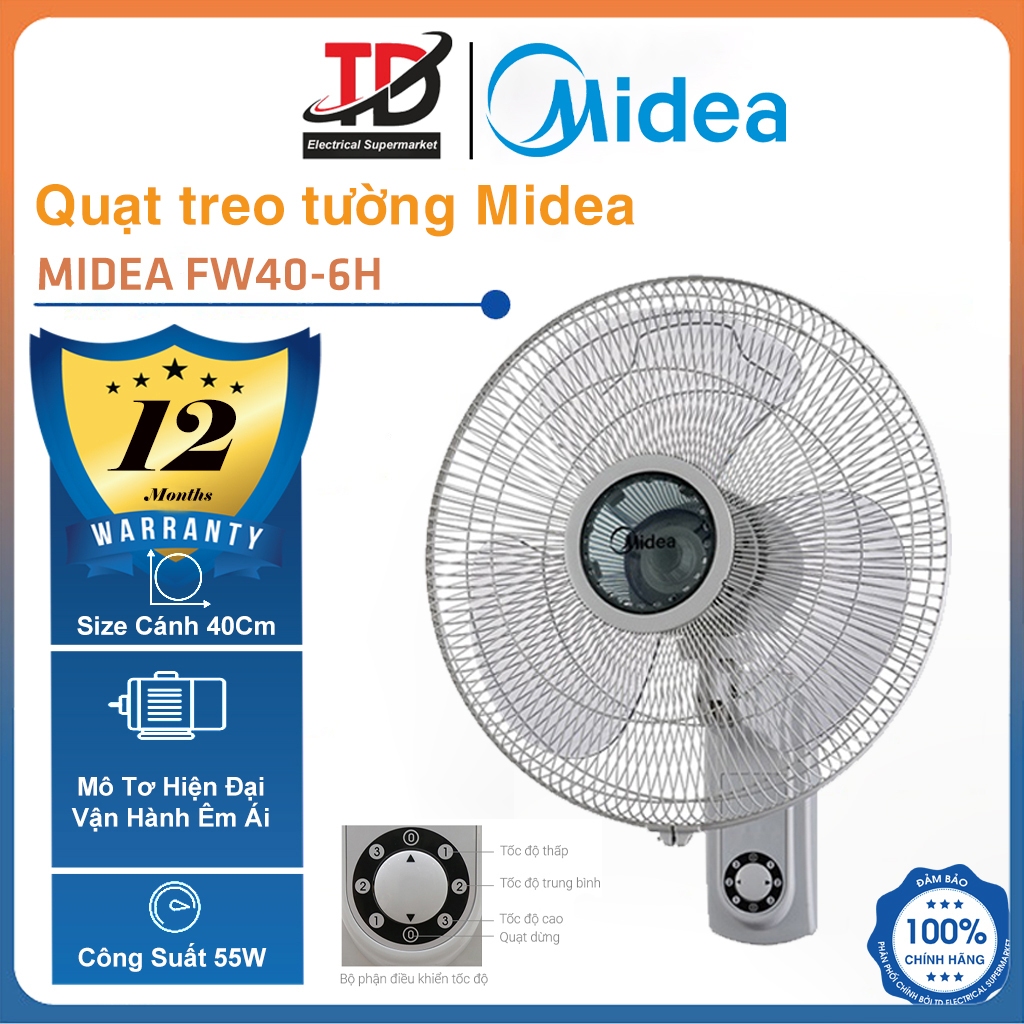 Quạt Treo Tường Midea FW40-6H, 3 Cánh 40Cm, Động Cơ Bạc Thau, Hàng Chính Hãng