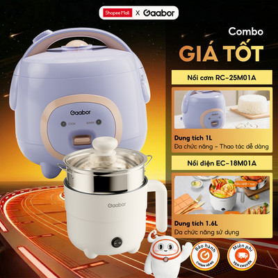 Combo Gaabor 504 Nồi cơm điện mini 1L Gaabor RC-25M01A và Nồi điện đa năng EC-18M01A lẩu điện 1.6L nấu nhanh chóng