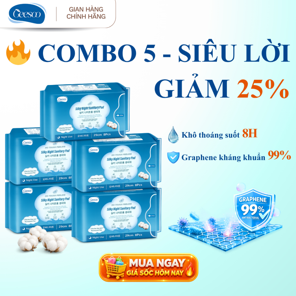 BVS Geesoo 29cm Ban Đêm – Chống Tràn Hiệu Quả, Siêu Thấm, Êm Dịu, Khử Mùi, Ngủ Ngon Suốt Đêm