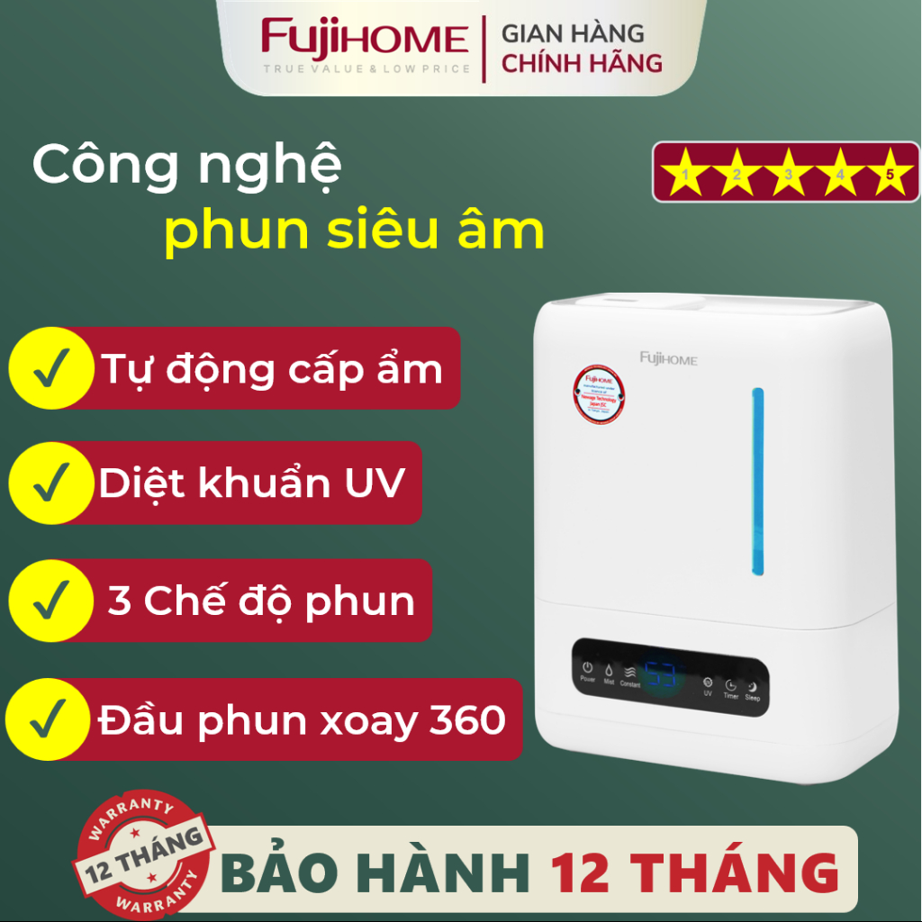 Máy phun sương tạo độ ẩm 4L Nhập Khẩu FUJIHOME HM04EUV, máy khuếch tán tinh dầu cảm ứng LED hẹn giờ