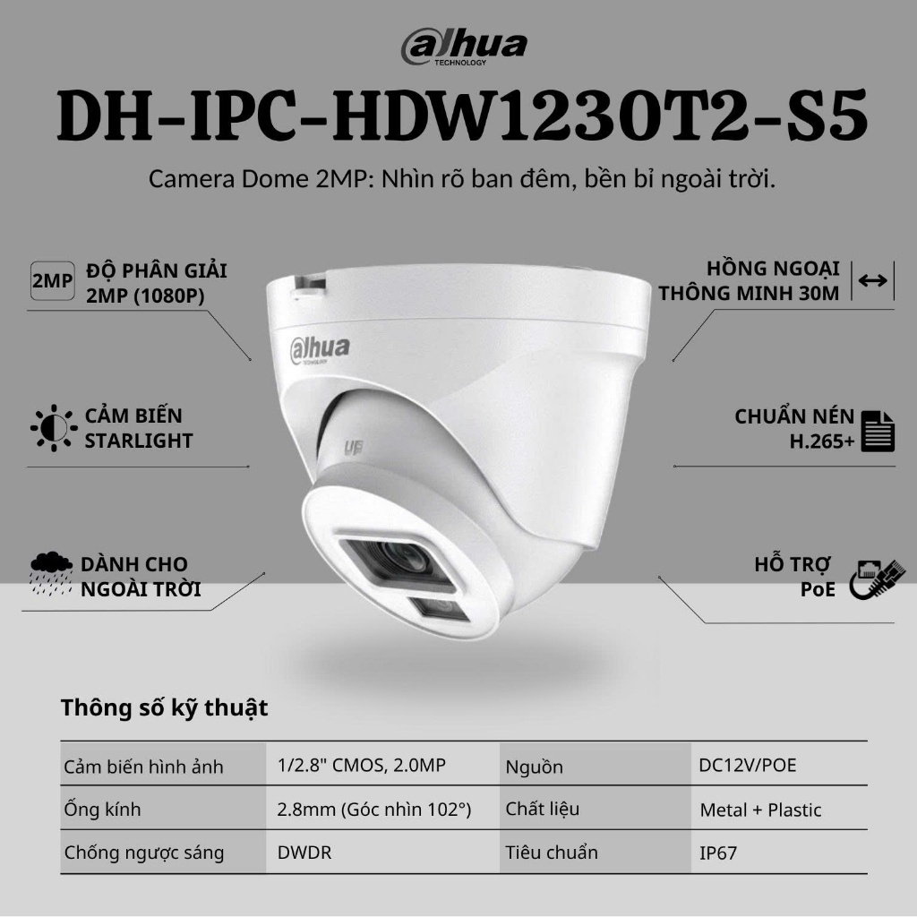 Camera Quan Sát Dahua HDW1230T2-S5 2MP-Tầm Nhìn Đêm Thông Minh 30m-Chuẩn H.265+
