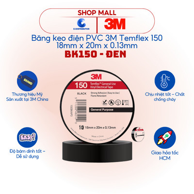 [HỎA TỐC] Băng keo điện PVC 3M Temflex 150 BK150 18mm x 20m x 0.13mm - 150BKPA1 18mm x 6m x 0.13mm