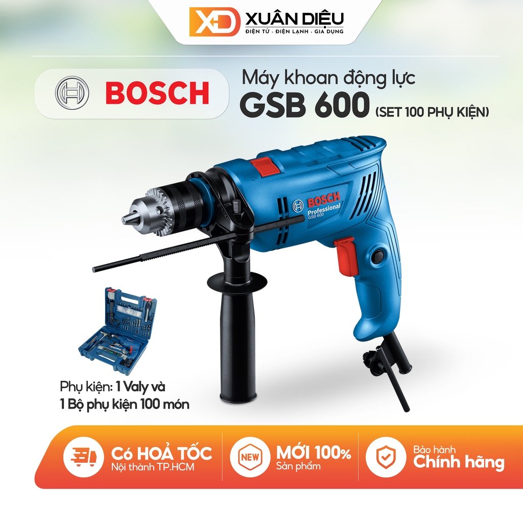 Máy Khoan BOSCH 600W GSB 600 SET (Bộ Set Valy 100 Món Phụ Kiện)