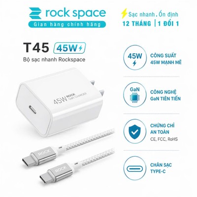 Bộ sạc nhanh cho điện thoại Rockspace T45 củ PD 45W và dây dù type C
