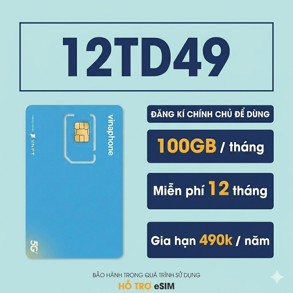 Sim Vina 5G 12TD49, có 100G/tháng tốc độ cao trong 12 tháng, năm sau gia hạn 490k/ năm, sim hà vân