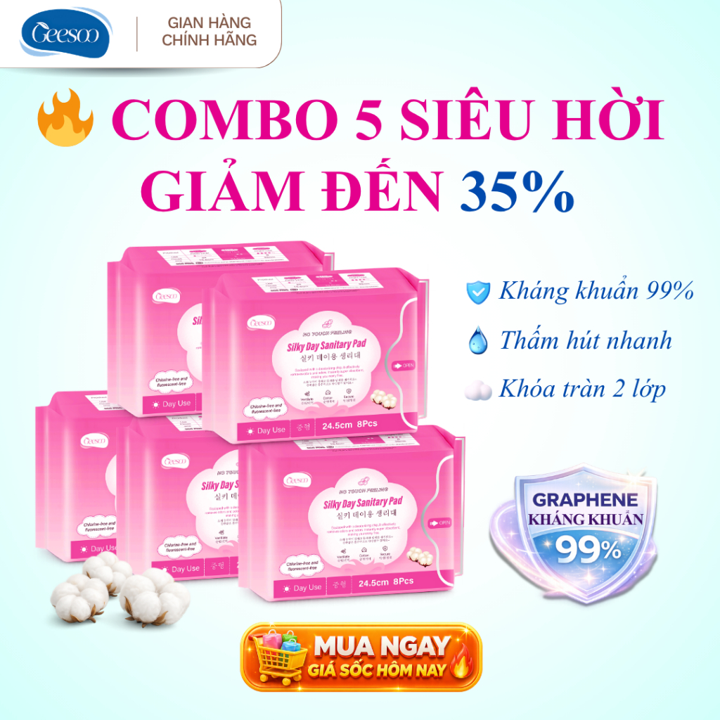 Băng Vệ Sinh GEESOO 24.5cm Có Cánh – Cotton Siêu Thấm, Siêu Mỏng, Khử Mùi, Khô Thoáng, Chống Tràn