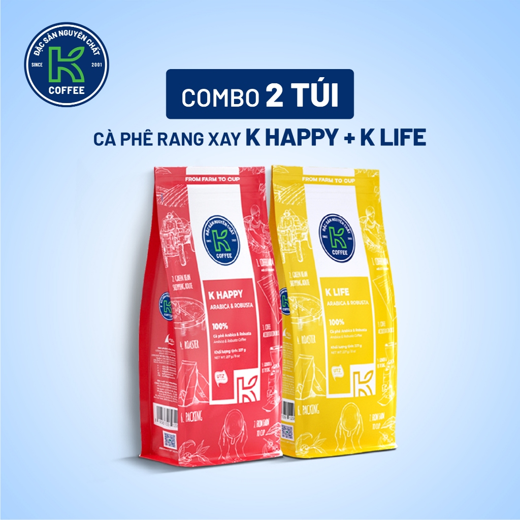 Combo cà phê nguyên chất xuất khẩu K Happy 227g và K Life 227g KCOFFEE  KPHUCSINH - Hàng Chính Hãng
