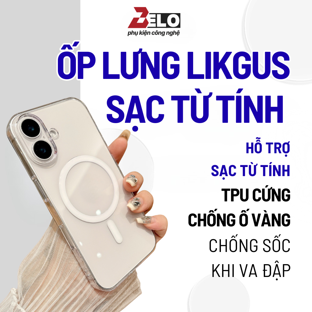 Ốp lưng iphone Likgus trong suốt sạc không dây, Ốp lưng iphone Likgus hỗ trợ sạc từ tính - BELO