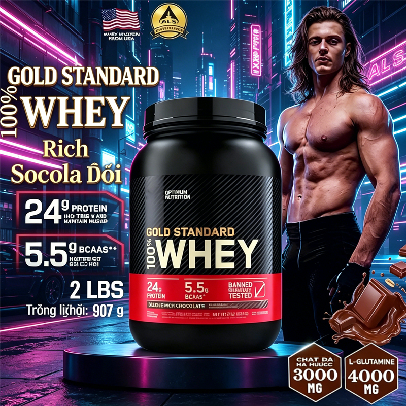 Bột protein whey 100% tiêu chuẩn vàng Optimum Nutrition, trọng lượng 2 lbs.