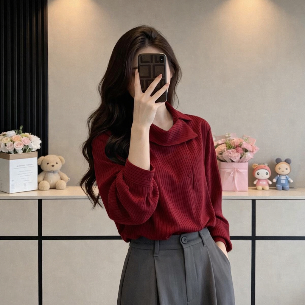 Áo Sơ Mi Nữ Tay Dài Cổ Đổ Cách Điệu - Hàn Quốc Thanh Lịch (C1)