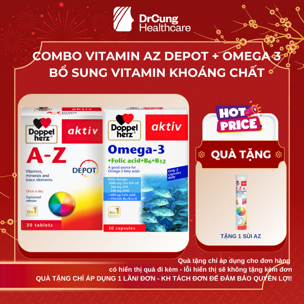 COMBO 2 HỘP AZ Depot, Omega 3 DoppelHerz - Bổ Sung Vitamin, Tăng Sức Đề Kháng, Tăng Cường Thị Lực Dr