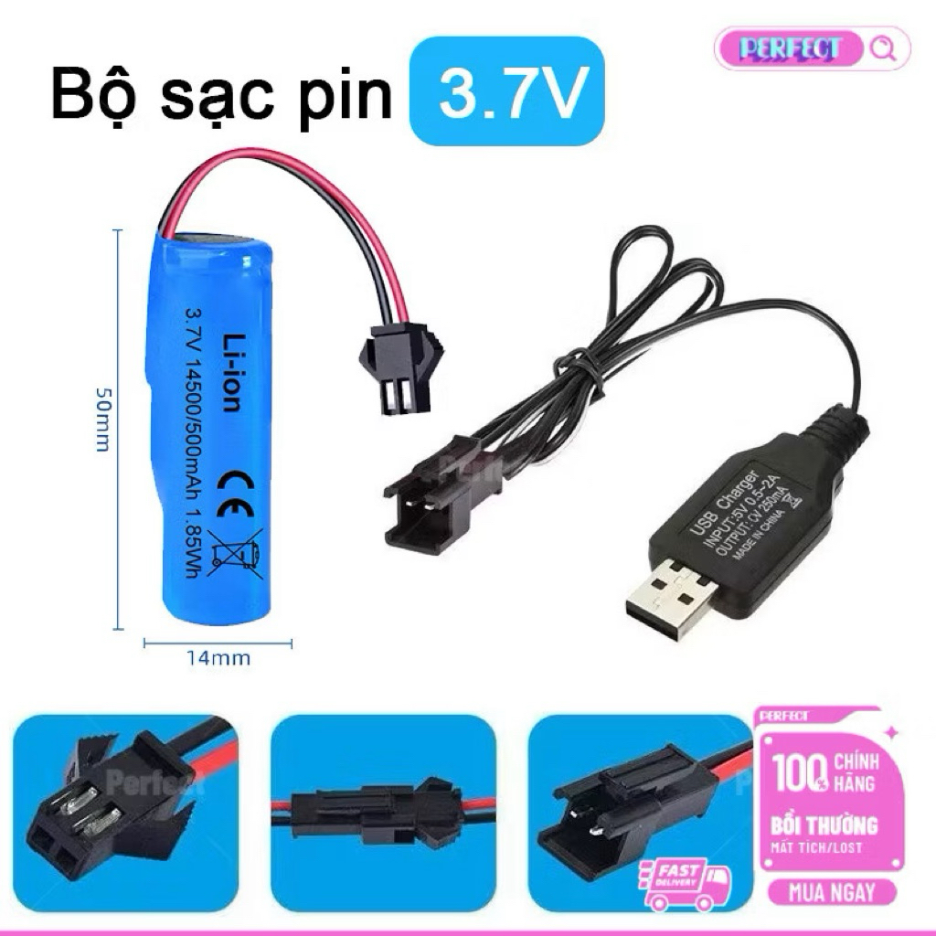 Dây Cáp Sạc SM 2P Kèm Pin 14500/500mAh,Pin 18650/800mah