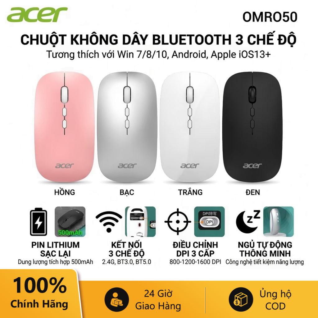 Acer Chuột Không Dây OMR050, 3 Chế Độ, Kết Nối Sạc Pin Đa Năng, Thiết Kế Siêu Nhẹ, 3 Mức DPI, Giảm 35% Áp Lực Cổ Tay | BigBuy360 - bigbuy360.vn
