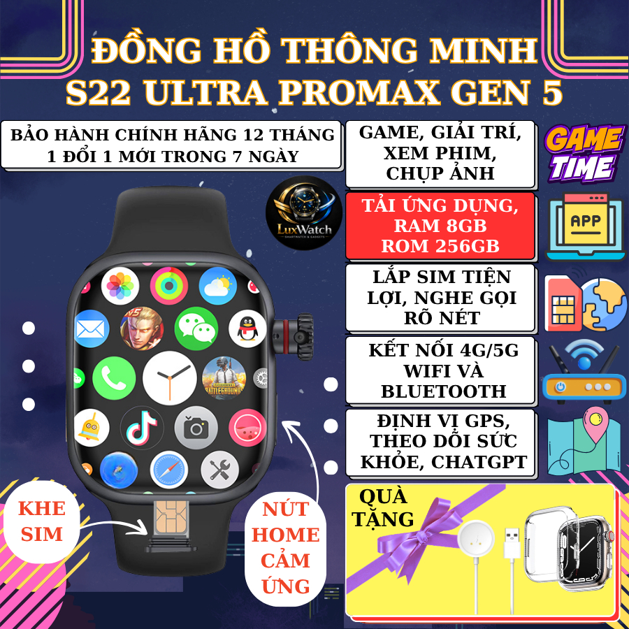 Đồng Hồ Thông Minh S22 ULTRA PROMAX Gen 5, Bản Nâng Cấp S16, Có Nút Home Cảm Ứng, Đầy Đủ Tính Năng