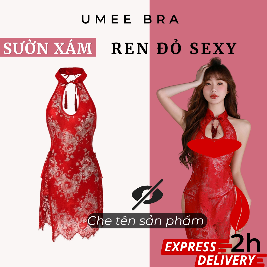 [CHE TÊN] Váy đầm ngủ sườn xám sexy cho nữ UMEE BRA DN116, bộ đồ ngủ cosplay xườn xám ren xẻ hông qu