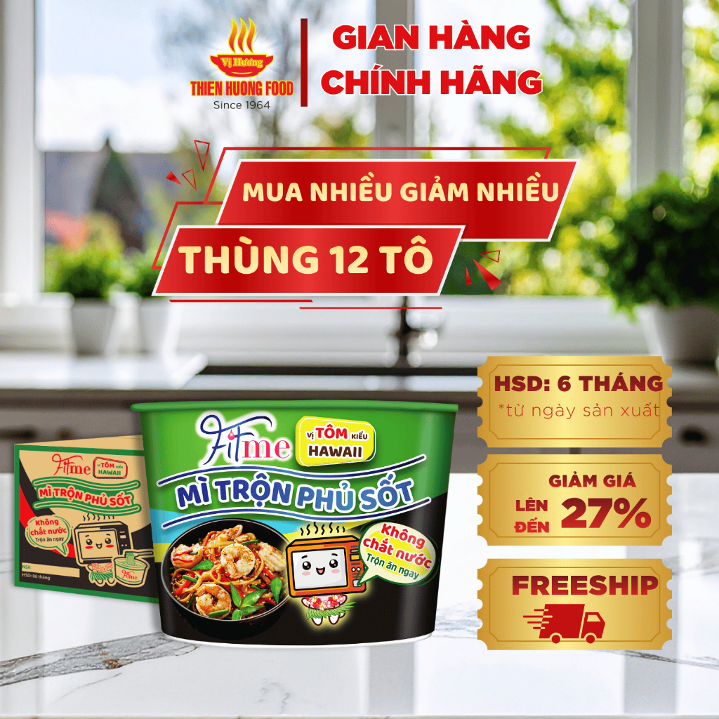 KHÔNG CHẮT NƯỚC - Thùng 12 tô Mì Trộn Phủ Sốt Fitme Vị Tôm Kiểu Hawaii Thùng 12 tô 110gram/tô [TMNBK