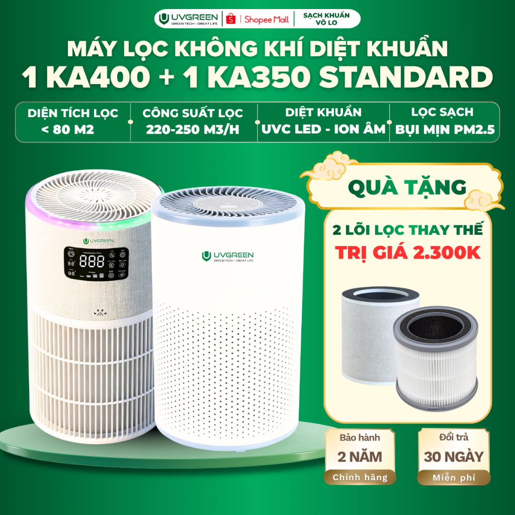 [TẶNG 2 LỌC] Combo 2 Máy Lọc Không Khí UVGREEN KA400 Và KA350 Standard, UVC LED & Ion Âm Diệt Khuẩn