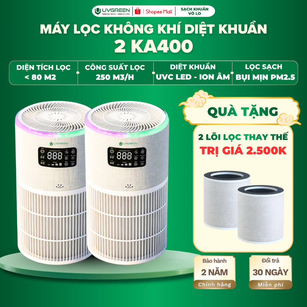 [TẶNG 2 LỌC] Combo 2 Máy Lọc Không Khí UVGREEN KA400, UVC LED & Ion Âm Diệt Khuẩn, Lọc Lông Thú Cưng