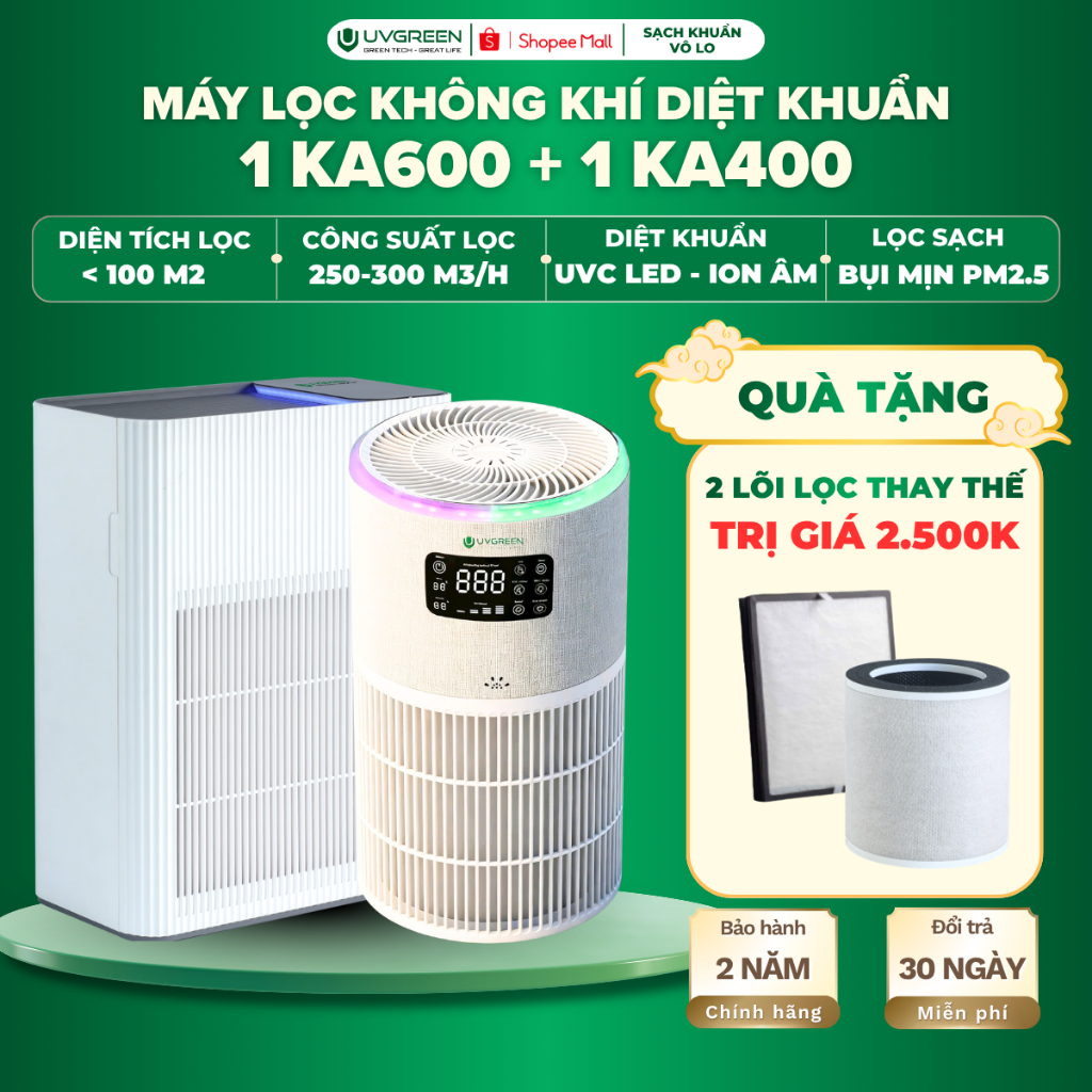 [TẶNG 2 LỌC] Combo 2 Máy Lọc Không Khí UVGREEN KA600 Và KA400, UVC LED & Ion Âm Diệt Khuẩn,Lọc Bụi M