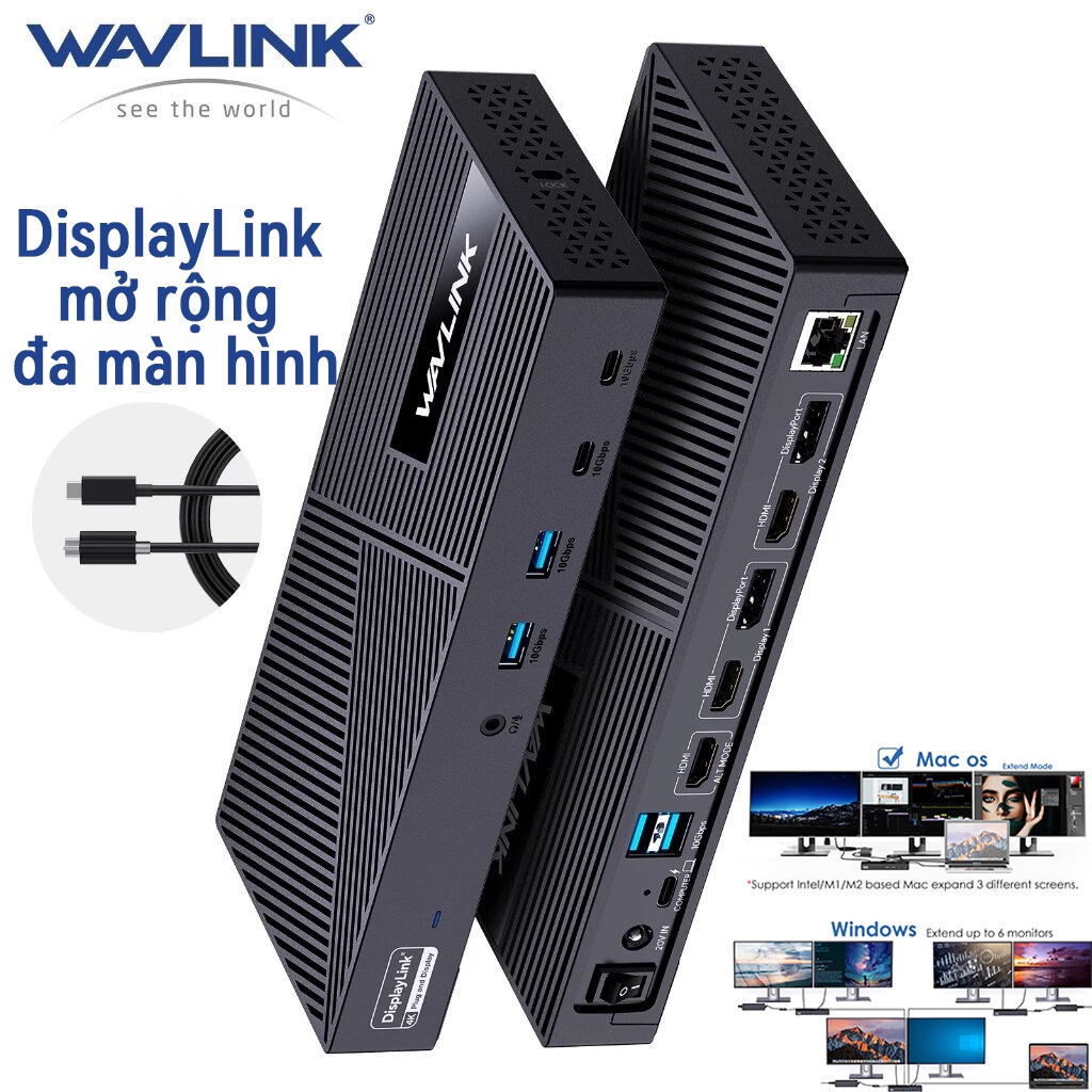 Dock Wavlink 15-in-1 Displaylink 3 Màn Hình Sạc 100W  2 HDMI + DP 4K - Cho Mac/Windows