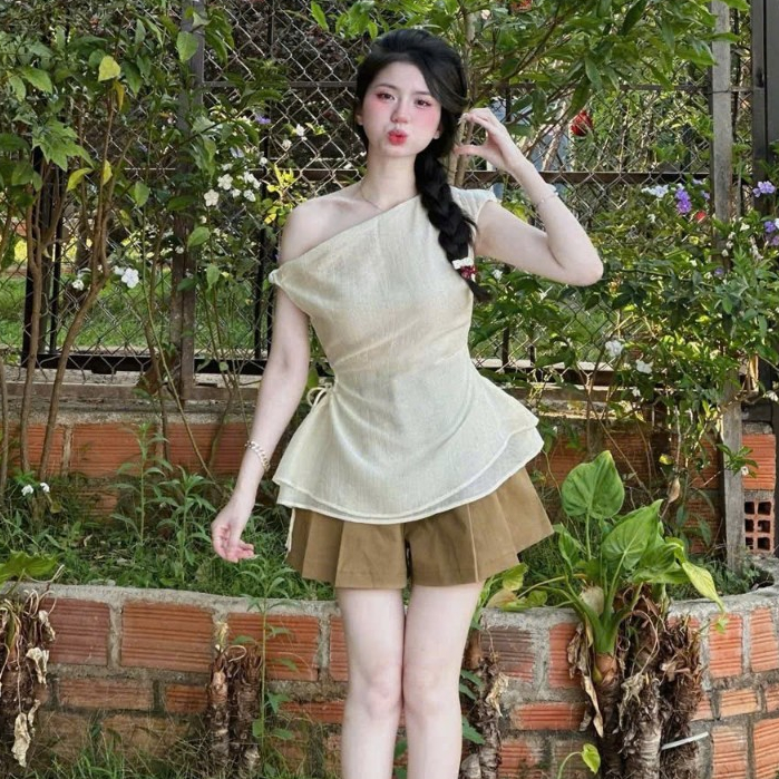 Set váy ngắn - Set váy thanh lịch, đáng iu cho nàng hẹn hò, dạo phố, set áo tơ lệch vai xòe phối váy