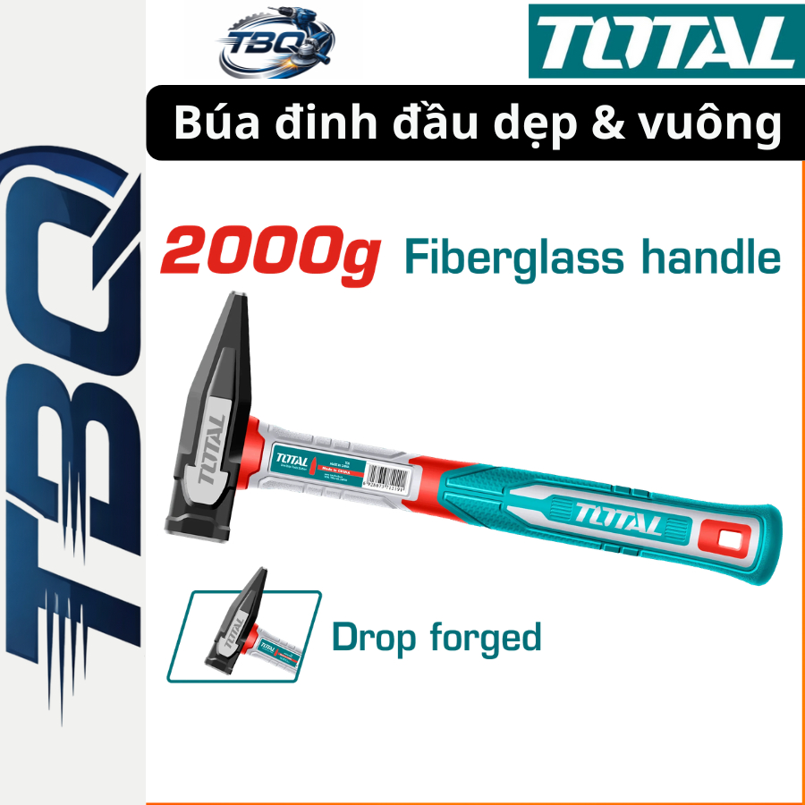 Búa Đinh Đầu Dẹp & Vuông TOTAL THMH622000 (2000g)  Búa Cơ Khí 2kg Thép Carbon 45#, Cán Sợi Thủy Tinh