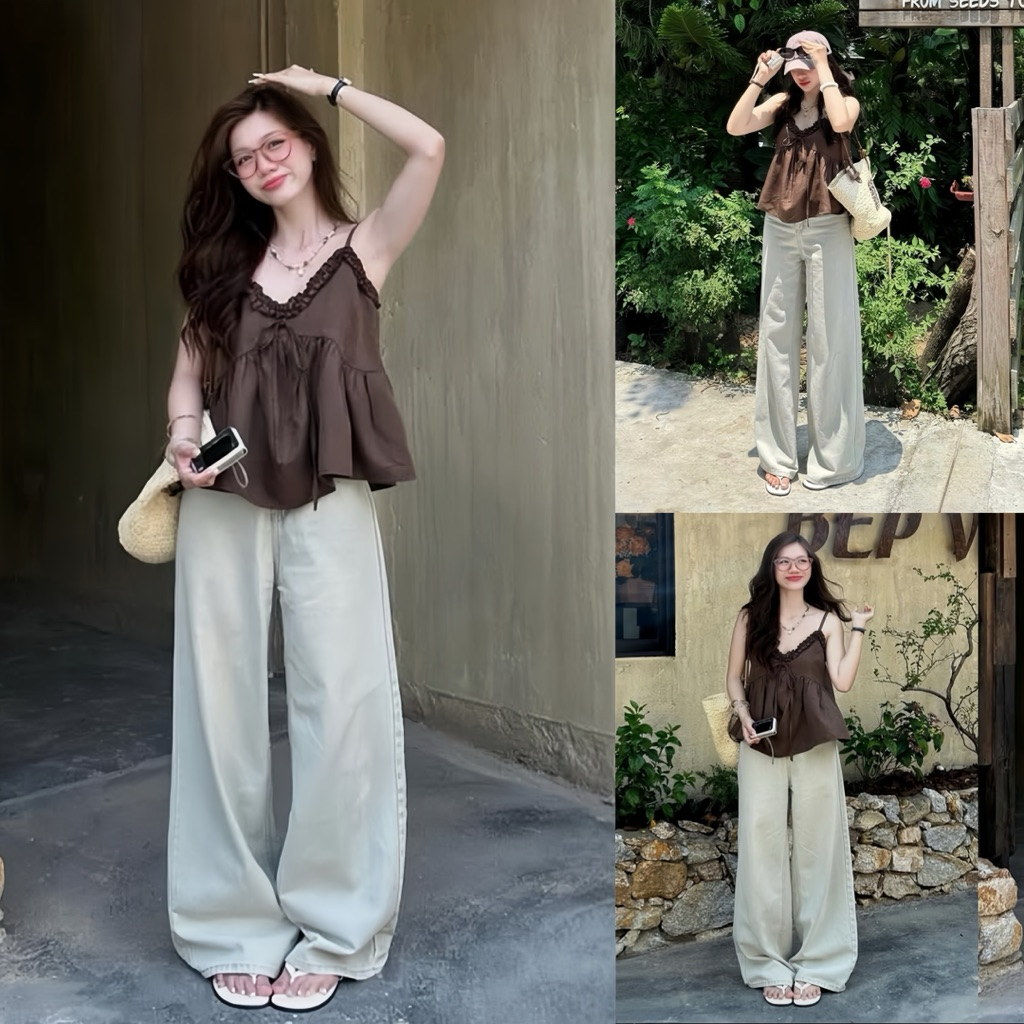 [HÀNG SẴN] Áo hai dây nâu phối bèo đang babydoll style đáng yêu mùa hè  “FOMI TOP” | BigBuy360 - bigbuy360.vn