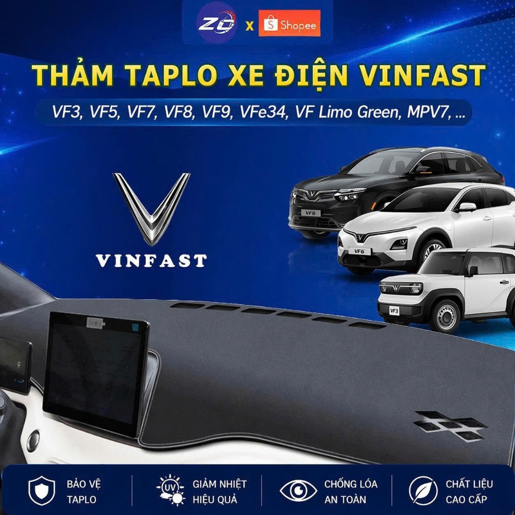 Thảm Taplo xe ô tô Vinfast Vf3, VF7, VF6, VF5, VF8, VF9, VF E34, Fadil, LUX, LUX SA thảm da cacbon t